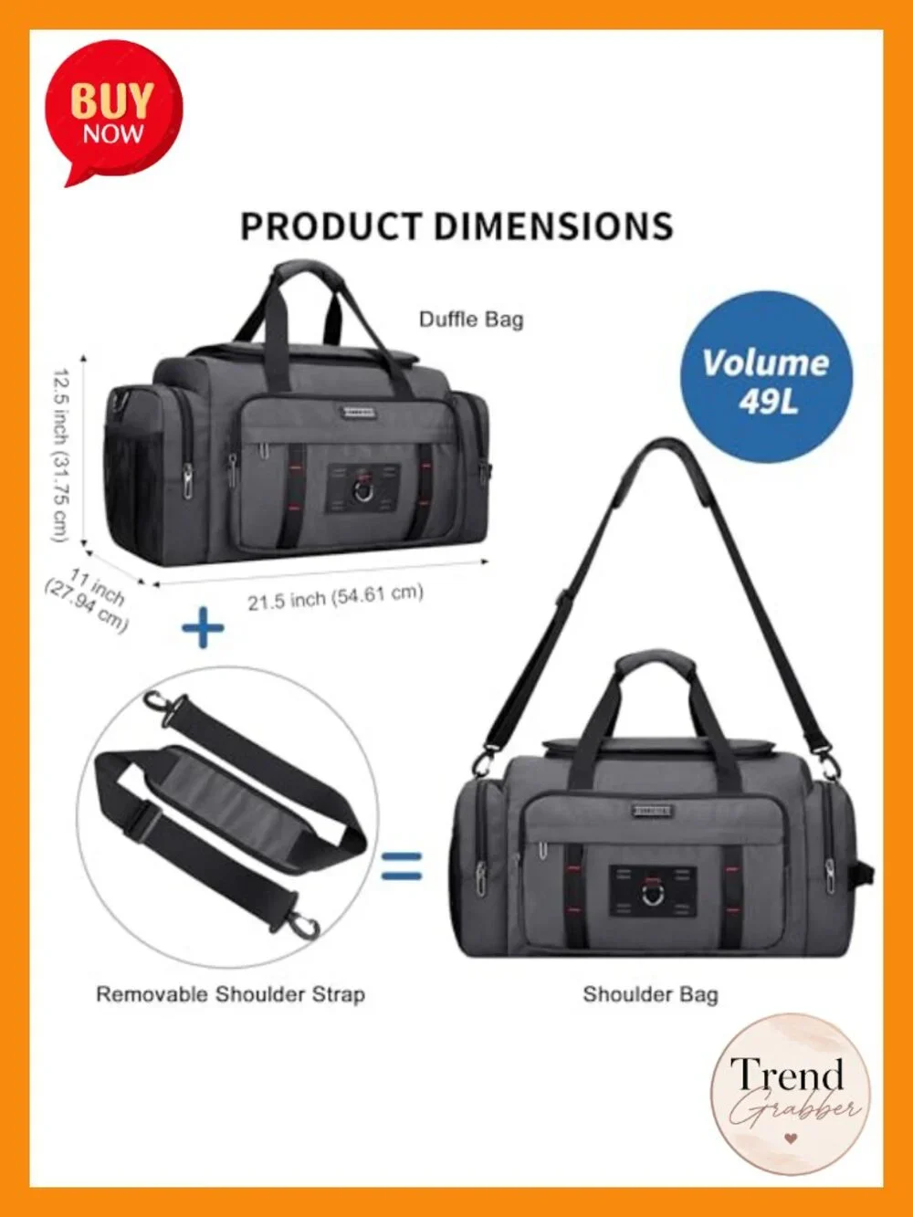 Large 49L Convertible Nylon Travel Duffle Bag with Shoe Compartment, Fits 16